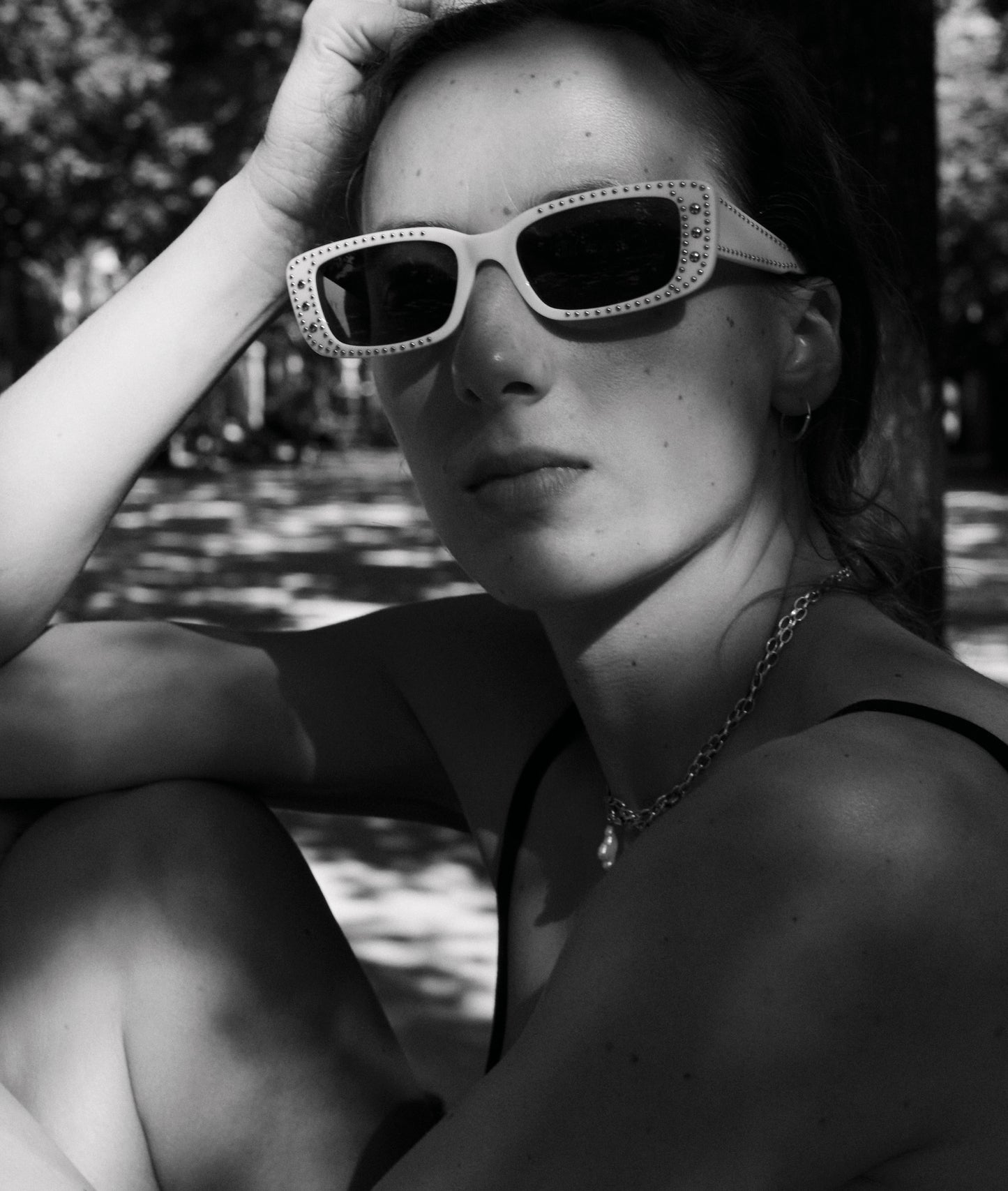 VIVI / ELVIS — Studded Cream Acetate Sunglasses, Rectangular