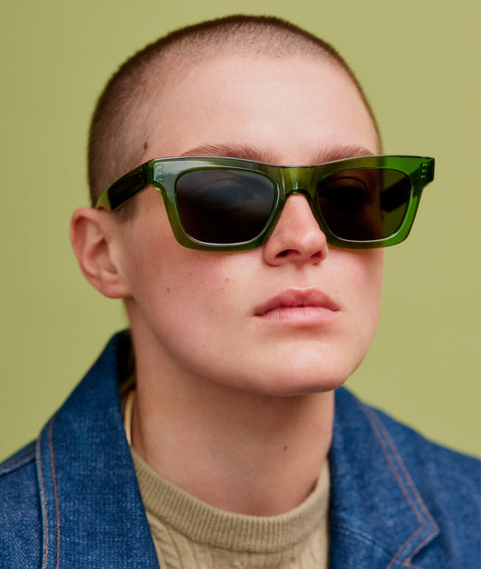KRAKOW GREEN / transparent green rectangular sunglasses, dark flat lens